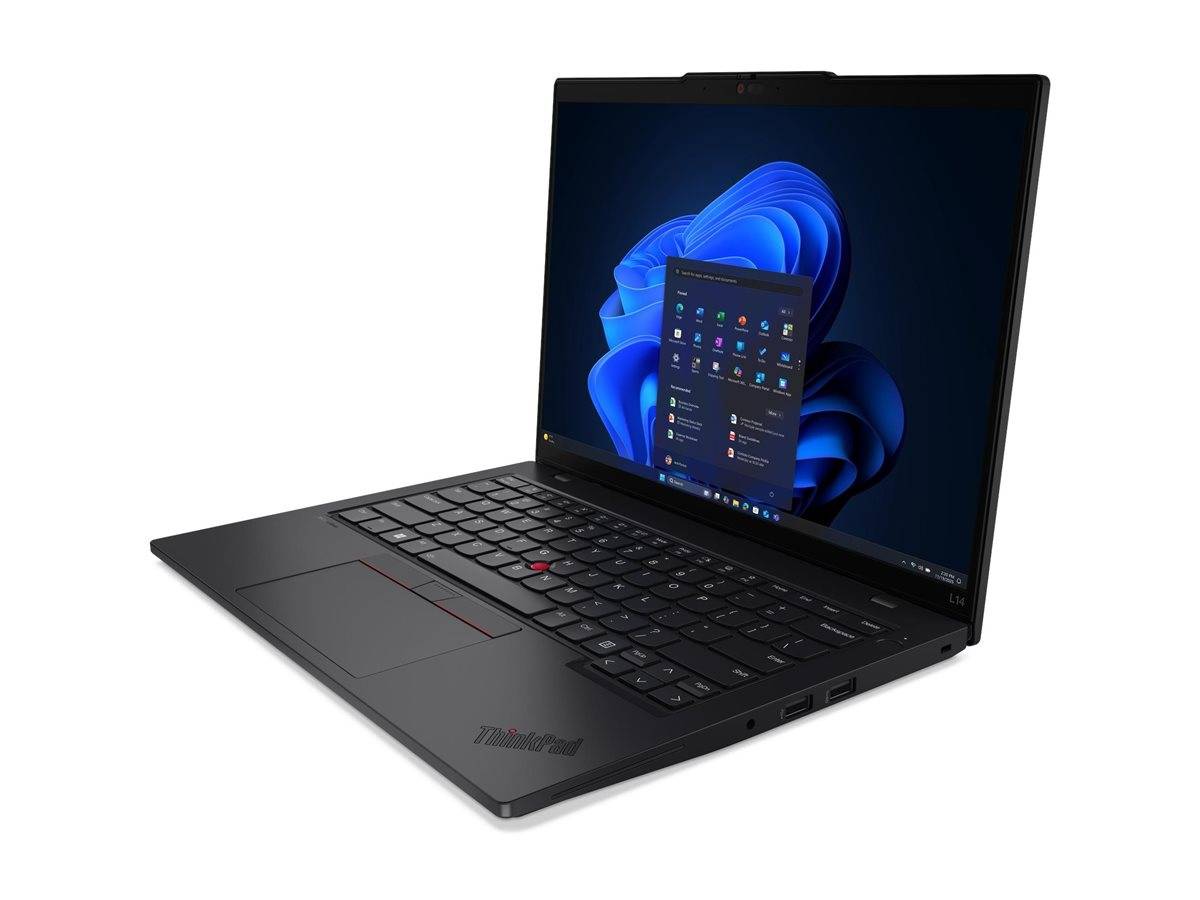 Schwarzer ThinkPad-Laptop, schräg geöffnet, zeigt den Windows 11-Desktop auf seinem Bildschirm.