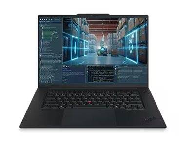 Laptop mit einem Code-Editor und Terminal auf dem Display, futuristischer Lagerhausszene und leuchtenden blauen Daten-Overlays, die auf Software- oder Cybersicherheitsarbeiten hindeuten.