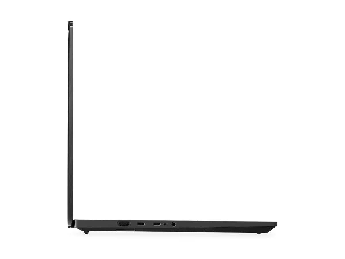 Seitenansicht eines offenen schwarzen Laptops, die den dünnen Bildschirm, die Tastatureinheit und die Anschlüsse entlang der rechten Kante zeigt.