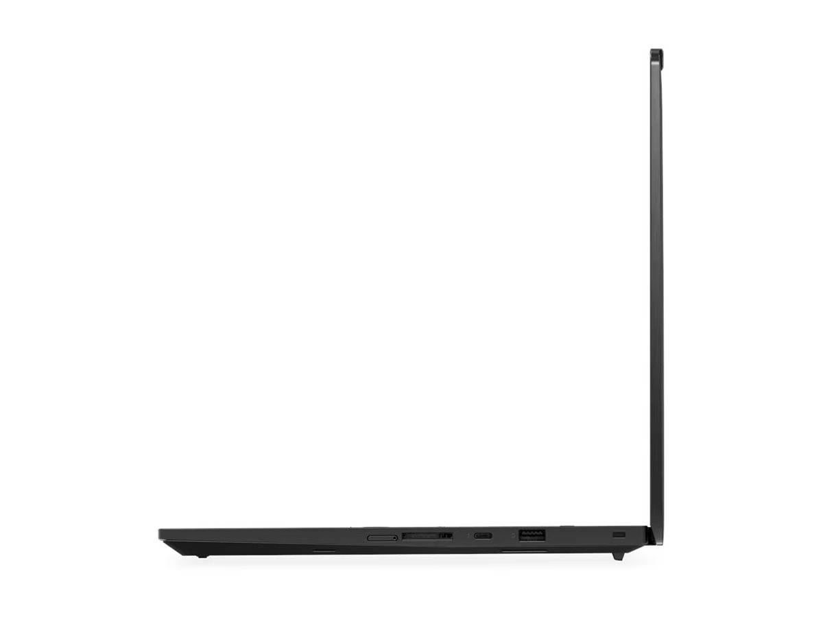 Seitenansicht eines geöffneten schwarzen Laptops, die das dünne Profil, die Tastaturablage und den in einem rechten Winkel angehobenen Bildschirm zeigt.