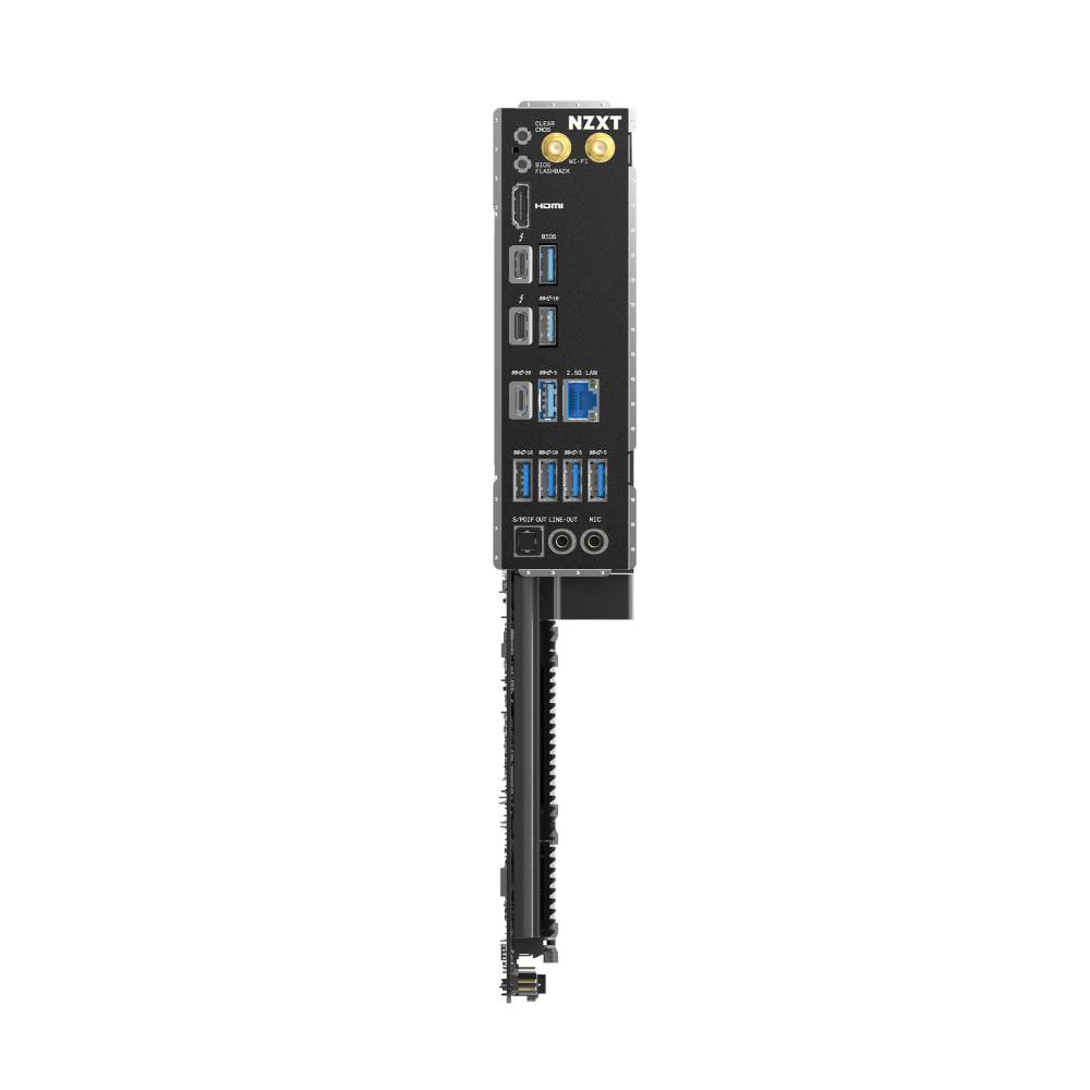 NZXT interne PC-Erweiterungskarte mit mehreren Anschlüssen auf der Rückseite, einschließlich USB-, Video-, Audio- und Antennenanschlüssen.