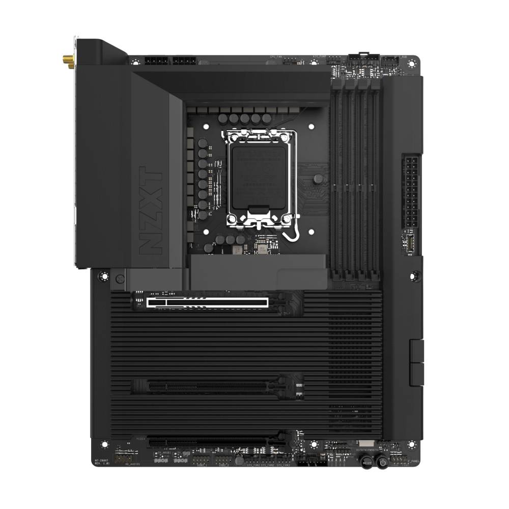 Schwarzes NZXT-Motherboard mit CPU-Sockel, RAM-Steckplätzen, PCIe-Slot und sichtbarem Kühlkörper-Abdeckung von oben.