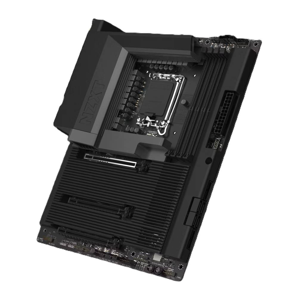 Schwarzes Computermotherboard in schräger Ansicht, mit großem CPU-Sockel, RAM-Steckplätzen, Erweiterungssteckplätzen und Kühlkörpern.