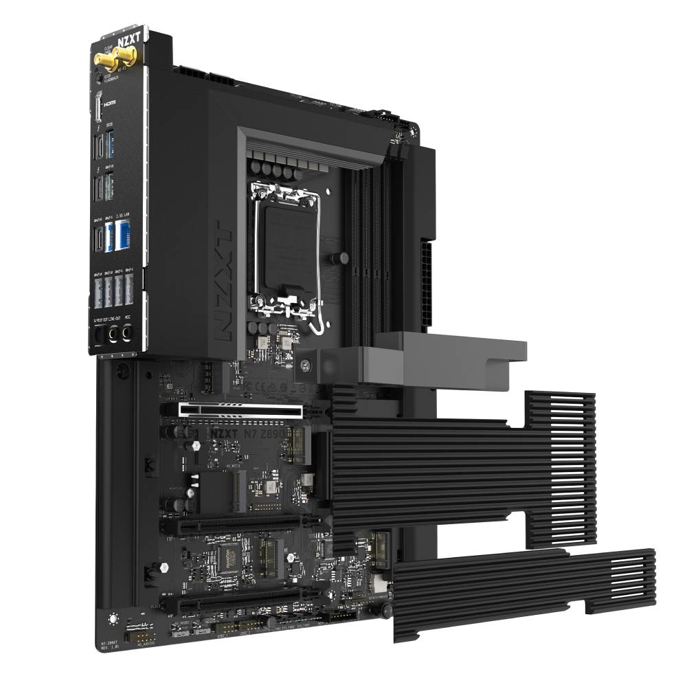 Schwarzes NZXT-Mainboard mit großen Kühlkörpern und integriertem Rear-I/O-Panel, dargestellt auf weißem Hintergrund.