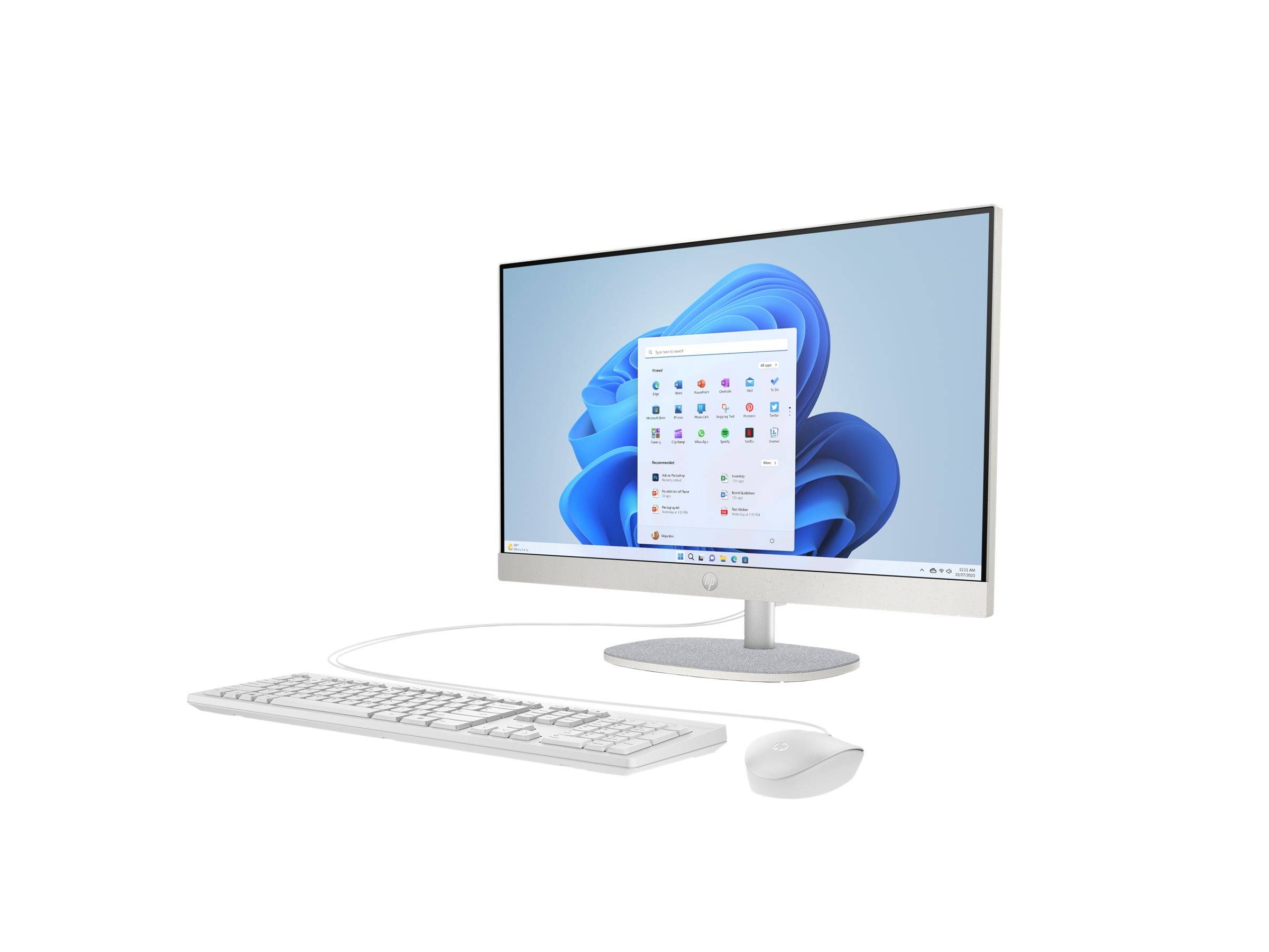 Alles-in-Einem-Desktop-Computer mit Breitbildmonitor, das eine Windows-ähnliche Benutzeroberfläche anzeigt, plus passendes Keyboard und Maus auf weißem Hintergrund.