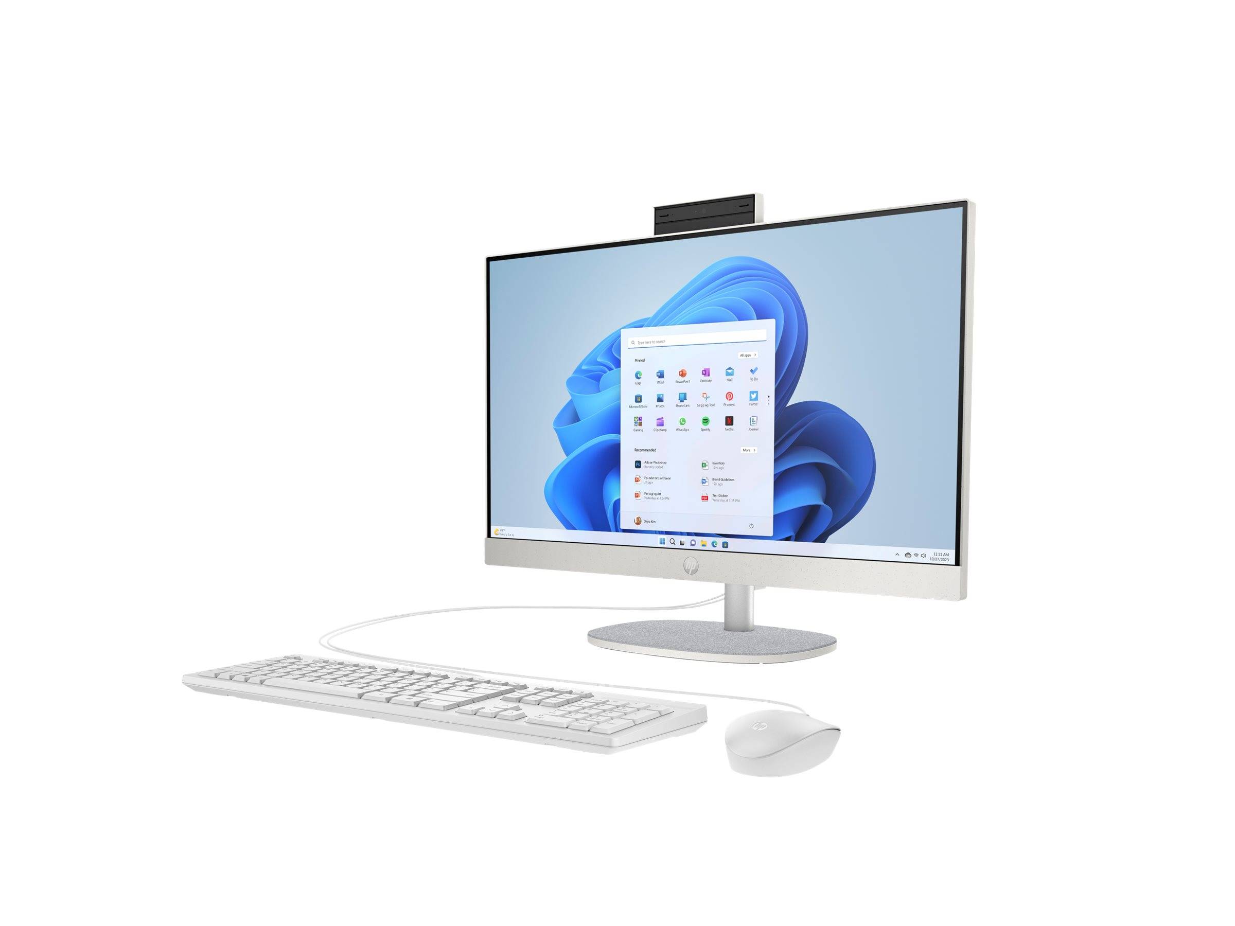 All-in-one-Desktop-Computer mit Monitor, auf dem ein Windows-11-ähnlicher Startbildschirm angezeigt wird, sowie Tastatur und Maus auf weißem Hintergrund.