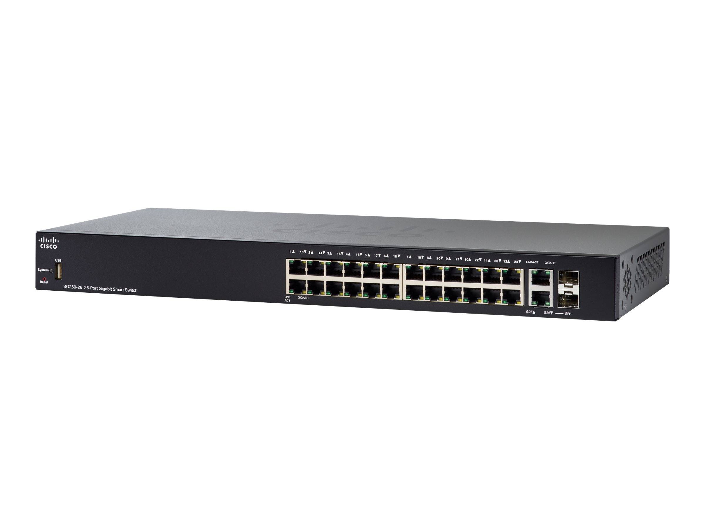 Frontansicht eines 24-Port-Ethernet-Netzwerk-Switches von Cisco mit mehreren RJ45-Anschlüssen und einigen Uplink-Ports auf einer schwarzen Rack-montierbaren Einheit.