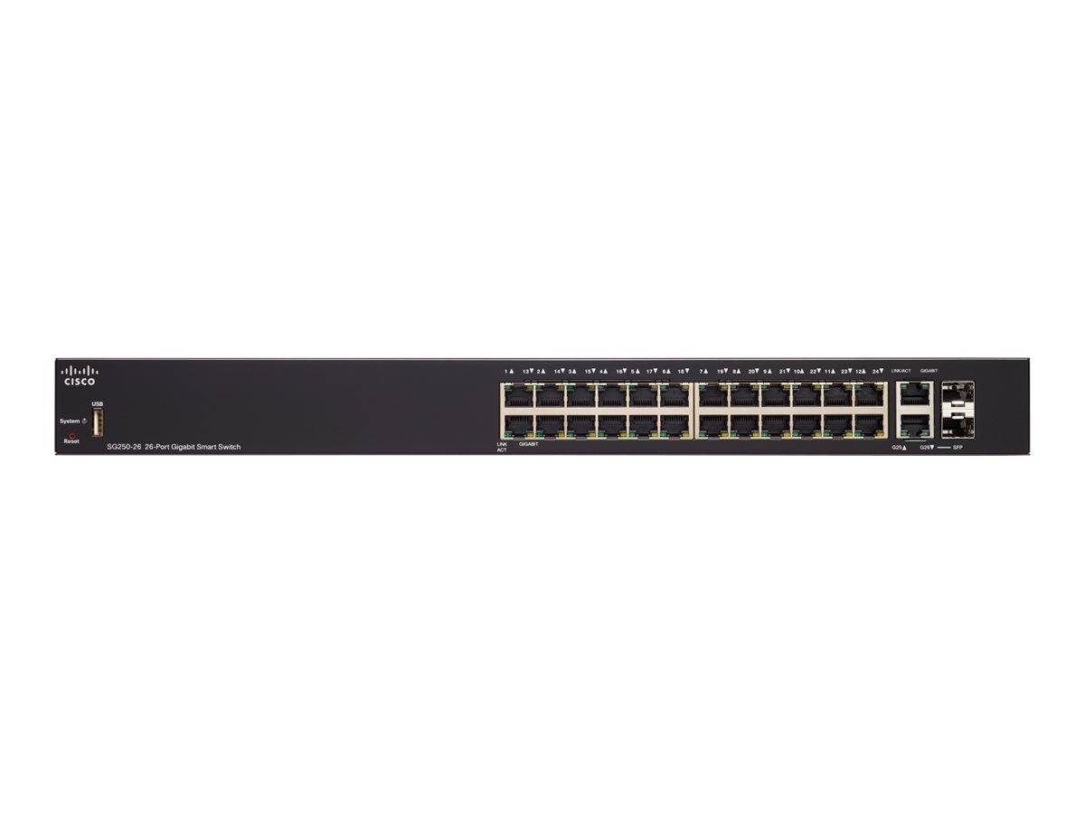 Frontansicht eines Cisco-Netzwerk-Switches mit mehreren Ethernet-Ports und einigen Uplink-Ports auf der rechten Seite.