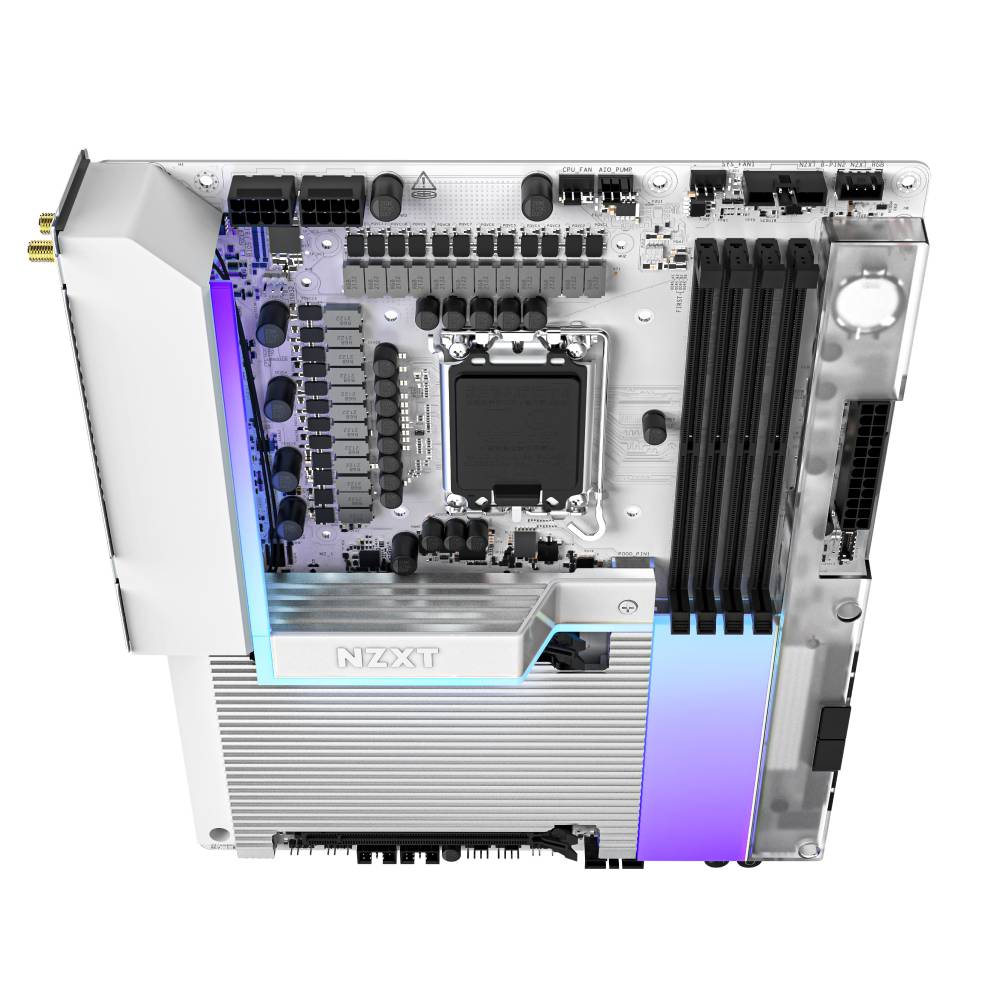 Weiß NZXT Motherboard mit RGB-Beleuchtung, zeigt CPU-Sockel, RAM-Steckplätze, VRM-Komponenten und Stromverbinder auf einem sauberen Produktrender.