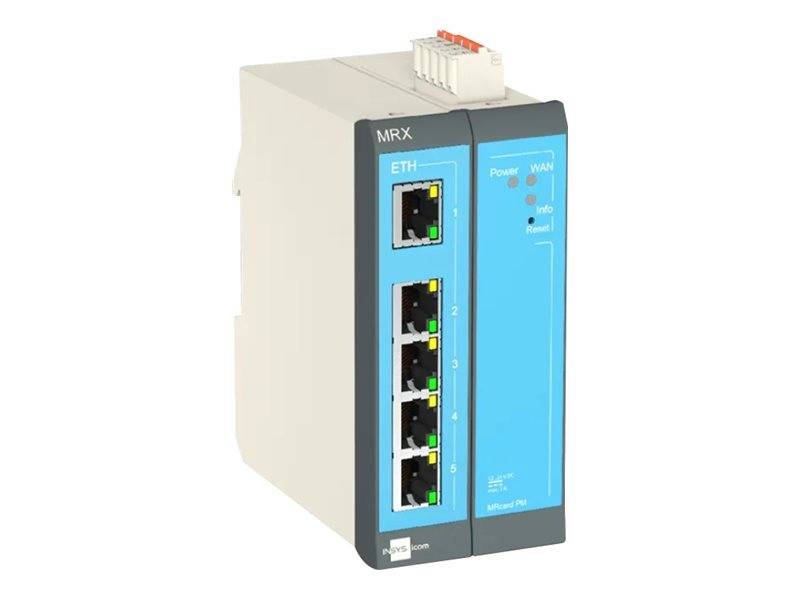Industrielles MRX-Kommunikationsmodul mit fünf Ethernet-Anschlüssen, gekennzeichnet mit „ETH