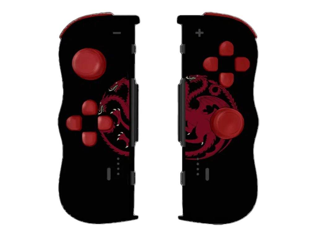Paar schwarzer und roter Nintendo Switch Joy-Con-Controller mit Drachengrafik und roten Tasten, nebeneinander auf weißem Hintergrund dargestellt.