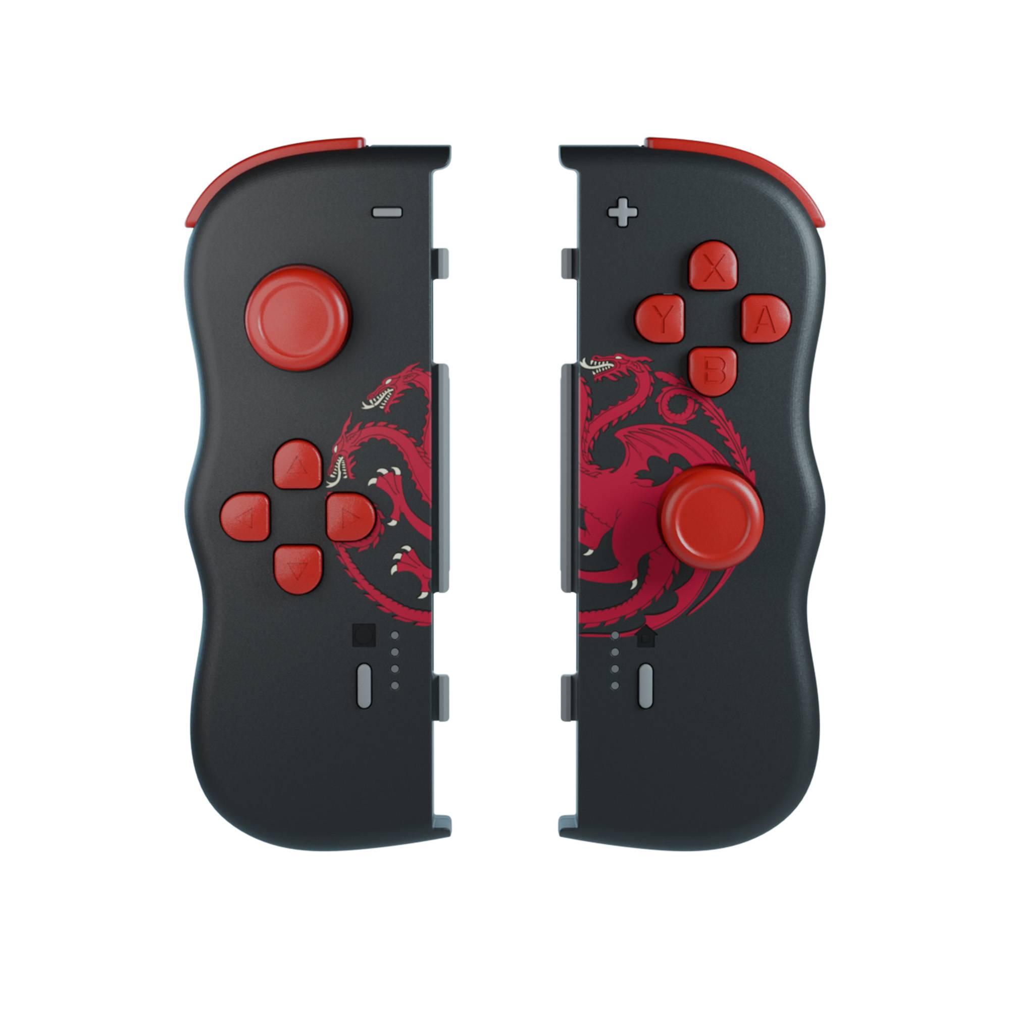 Paar schwarzer und roter Spielcontroller-Griffe mit Drachendesign, links und rechts getrennt dargestellt.