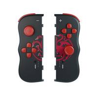 Paar schwarzer und roter abnehmbarer Spielcontroller mit Tasten und Joysticks, nebeneinander auf weißem Hintergrund dargestellt.