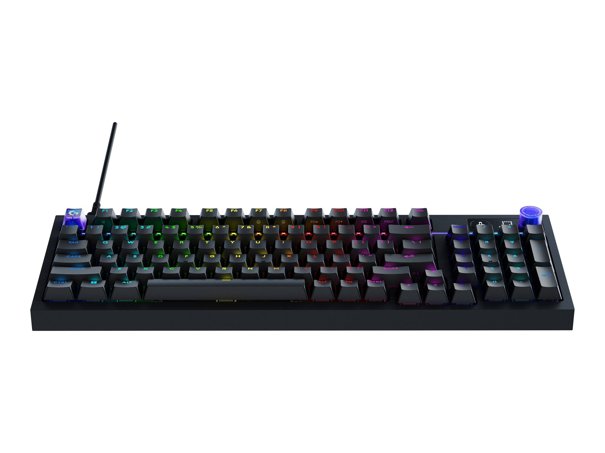 Kompakte mechanische RGB-Tastatur mit Hintergrundbeleuchtung und abnehmbarer Antenne auf schwarzem Sockel, auf weißem Hintergrund abgebildet.
