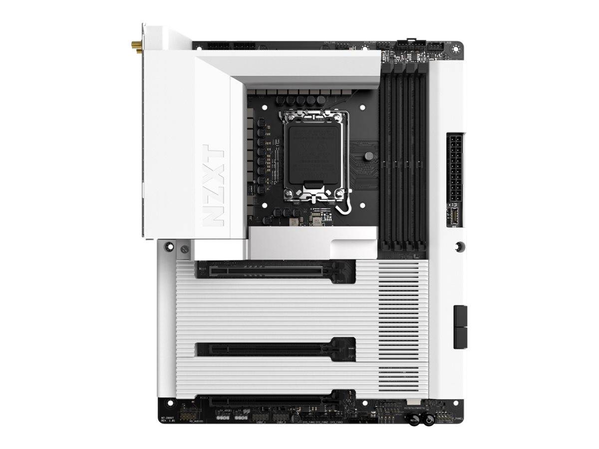 Draufsicht auf ein weißes Computer-Motherboard mit CPU-Sockel, RAM-Steckplätzen, Erweiterungssteckplätzen und Stromverbindungen.