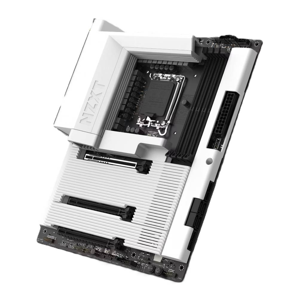 Nahaufnahme einer weißen NZXT-Computermainboard mit CPU-Sockel und RAM-Steckplätzen, auf einem einfachen Hintergrund gezeigt.