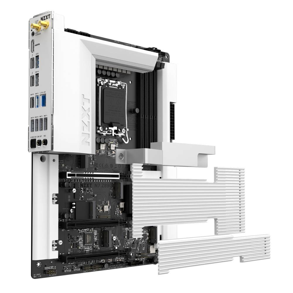 3D-Darstellung eines weiß-schwarzen NZXT-Computer-Motherboards mit großen silbernen Kühlkörpern und sichtbaren hinteren Ein-/Ausgangsanschlüssen.