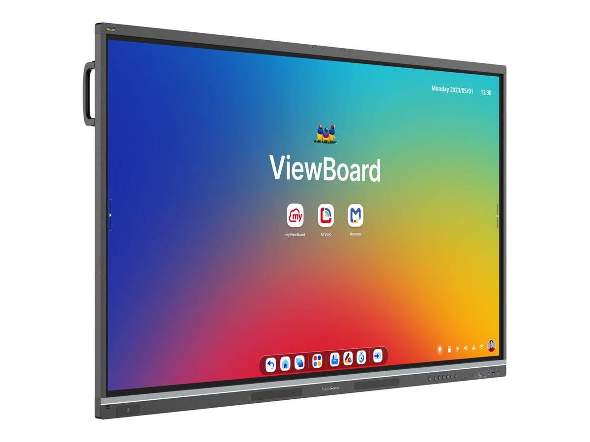 Großes ViewBoard Interactive Display zeigt einen farbenfrohen Startbildschirm mit dem ViewBoard-Logo, App-Symbolen und einer Dock-Leiste am unteren Rand.