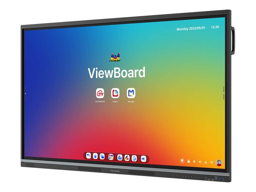 Ein großes ViewBoard-Interaktivdisplay zeigt einen farbenfrohen Gradienten-Startbildschirm mit App-Symbolen, Datum und Uhrzeit sowie eine Leiste mit Verknüpfungssymbolen am unteren Rand.