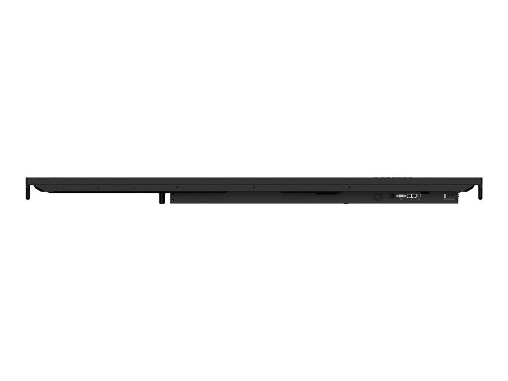 Schwarze schlanke Soundbar-Lautsprecher in Seitenansicht vor weißem Hintergrund.