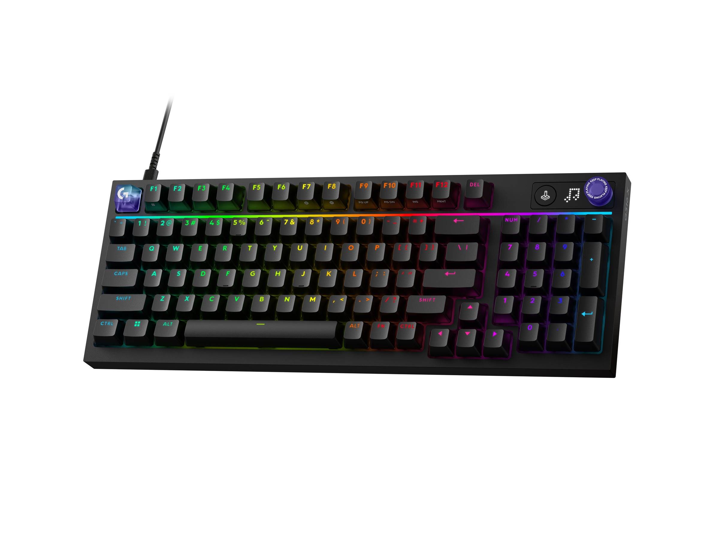 Schwarze RGB-mechanische Tastatur mit regenbogenfarbig beleuchteten Tasten, Mediatasten und abnehmbarem Kabel auf weißem Hintergrund