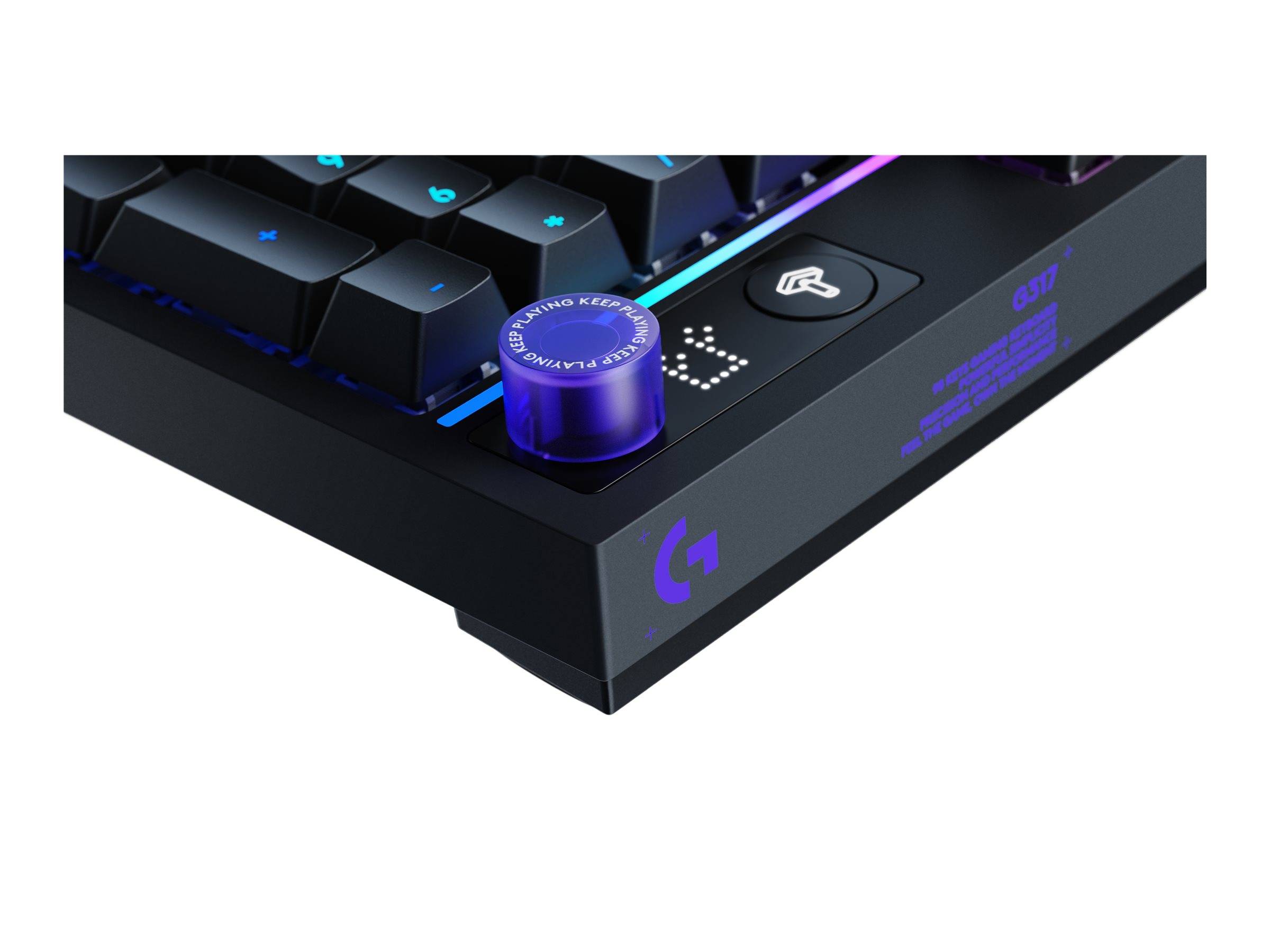 Nahaufnahme einer schwarzen Gaming-Tastatur-Ecke mit einem leuchtenden blauen Drehregler und beleuchteten Tasten.