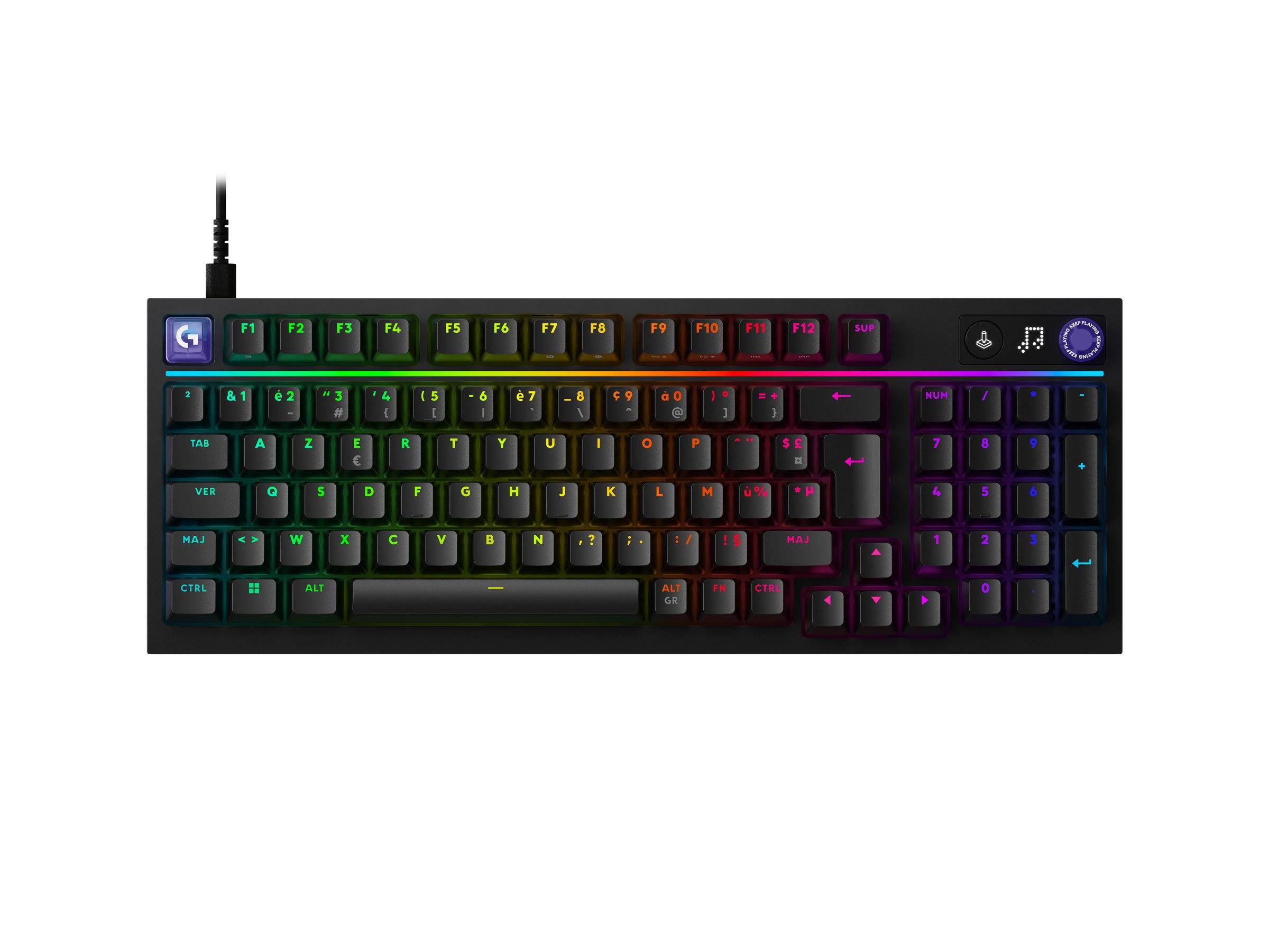 Eine hintergrundbeleuchtete Vollformat-RGB-Mechaniktastatur mit einem Kabel oben links, das mehrfarbig beleuchtete Tasten und einen Drehregler für die Lautstärke oben rechts zeigt.