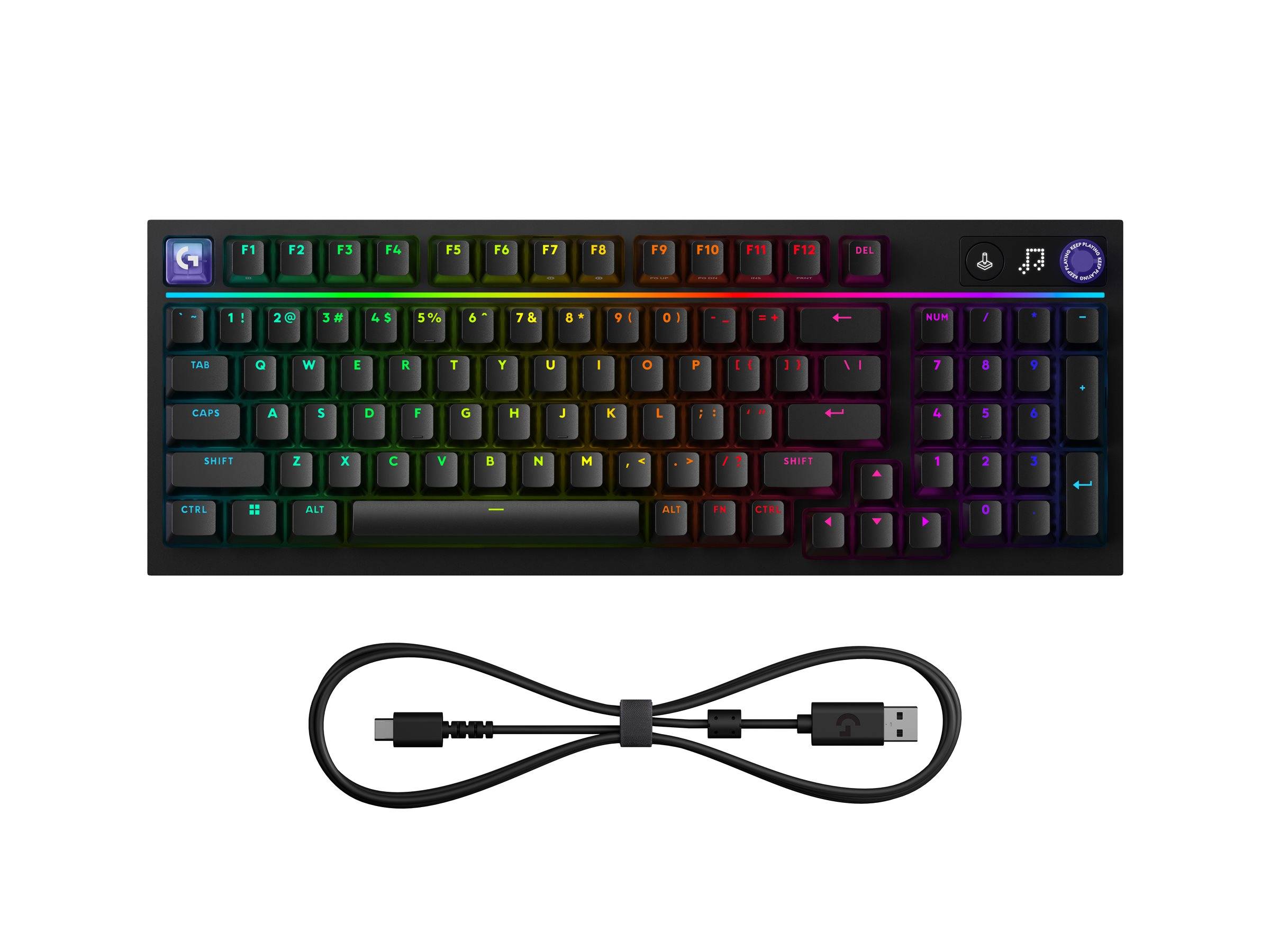 RGB-beleuchtete mechanische Tastatur mit abgelöstem USB-Kabel darunter auf einfachem weißem Hintergrund.