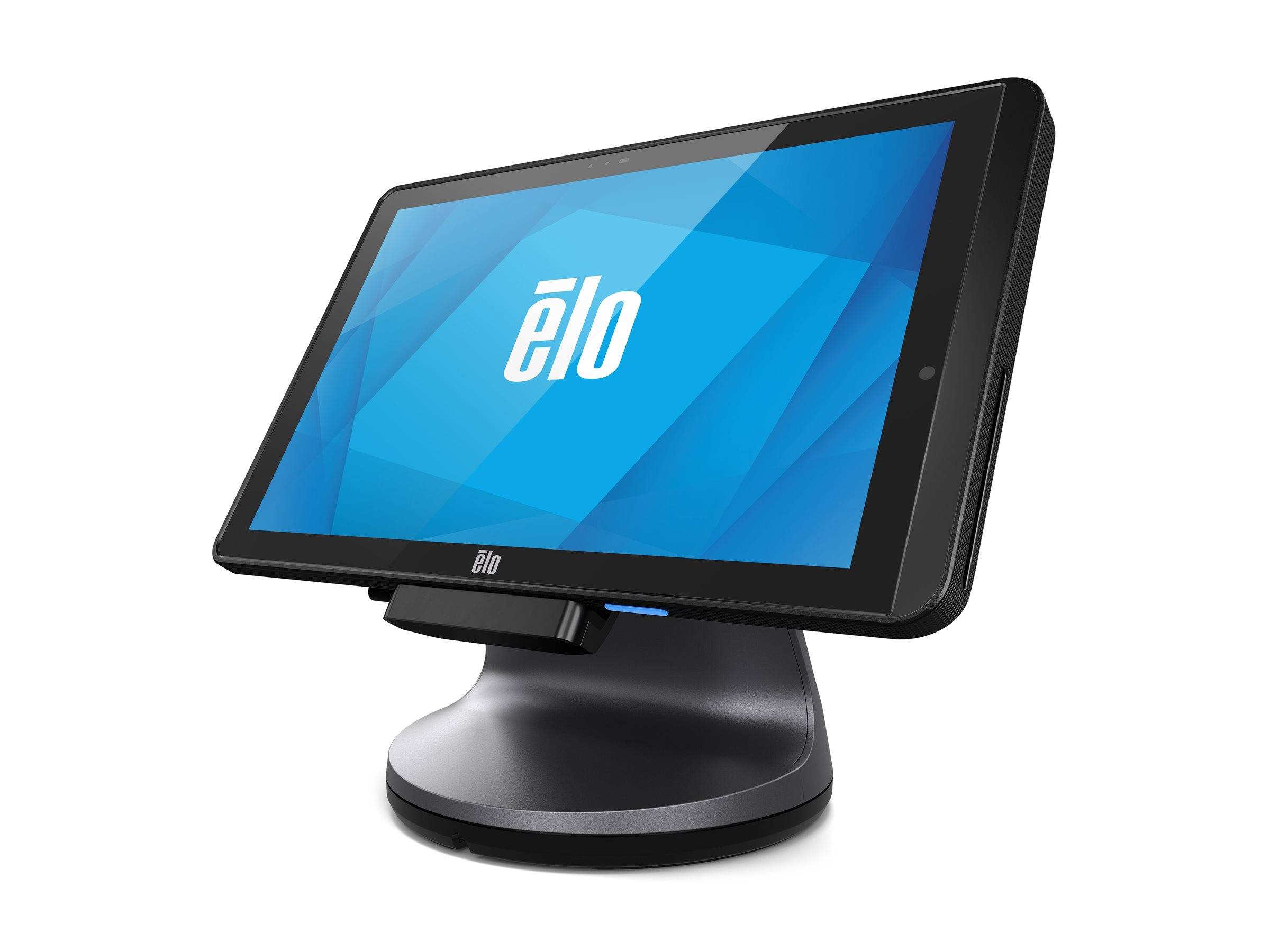 Schwarzer Elo-Touchscreen-POS-Terminal auf einem Ständer, gezeigt in angewinklter Seitenansicht mit blauem Bildschirm, auf dem das "elo""-Logo angezeigt wird.