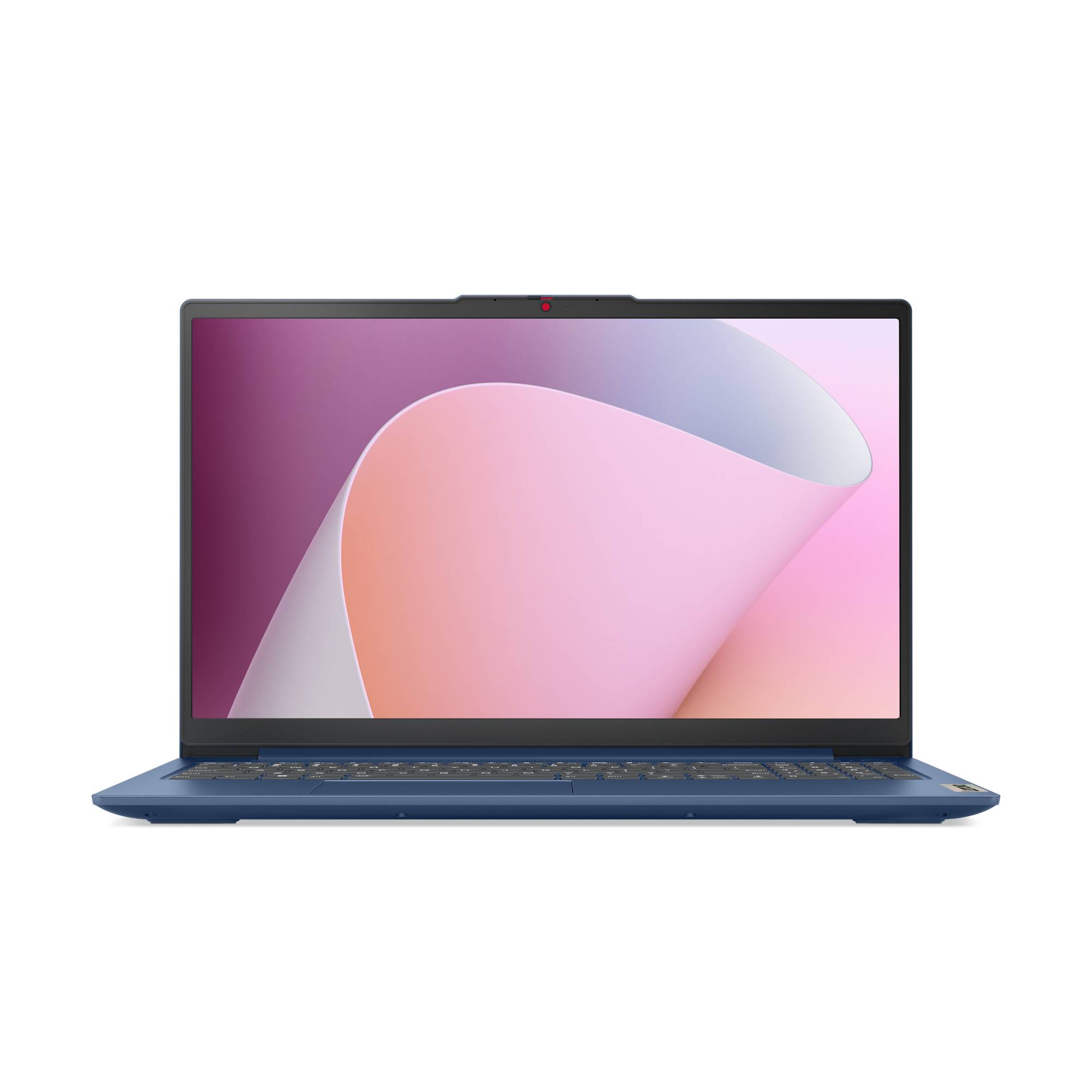 Offener Laptop-Computer mit einem farbenfrohen abstrakten Hintergrundbild auf dem Bildschirm, gezeigt vor weißem Hintergrund.
