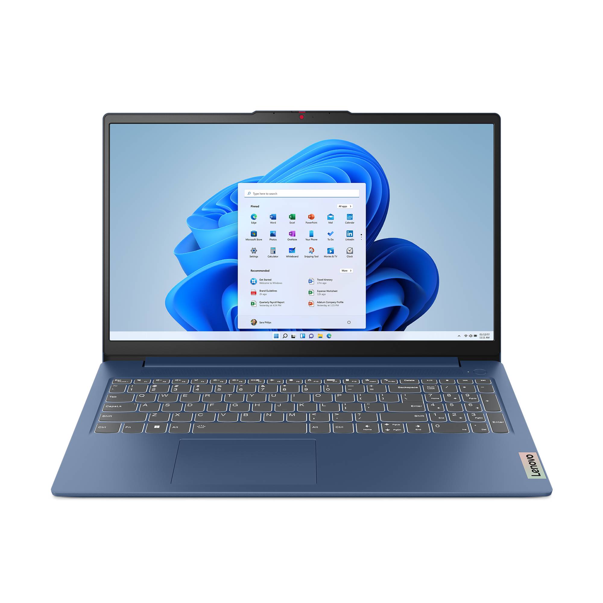 Ein blauer Lenovo-Laptop auf weißem Hintergrund, geöffnet und zeigt den Windows 11-Desktop und das Startmenü auf dem Bildschirm.