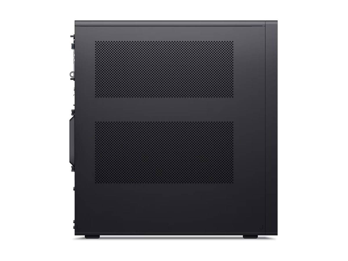 Seitenansicht eines schwarzen Desktop-Computer-Gehäuses mit zwei großen Netzlüftungspanelen auf weißem Hintergrund.