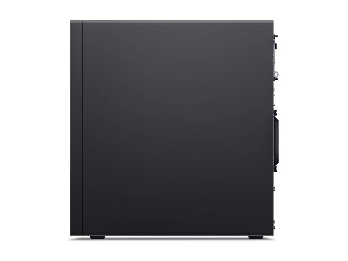 Schwarzes rechteckiges Computergehäuse, Seitenansicht auf weißem Hintergrund dargestellt.
