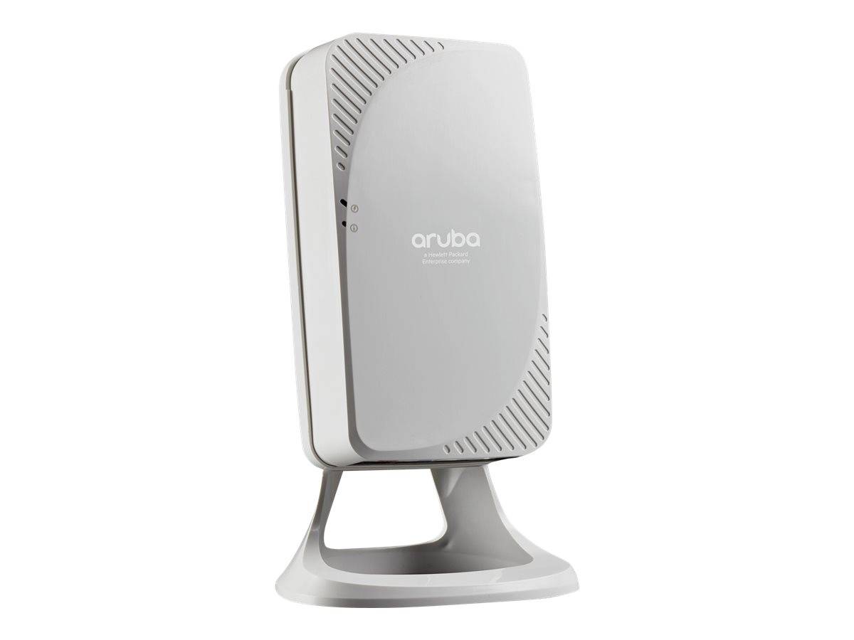 Weißer Aruba-WLAN-Zugriffspunkt/Router auf einem Ständer, vor einem einfachen Hintergrund gezeigt.