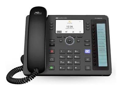 Schwarzes Büro-Schreibtischtelefon mit Hörer, Ziffernblock, kleinem Display und Leitungs-/Funktionstasten auf der rechten Seite.