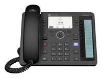 Schwarzes Büro-Schreibtischtelefon mit Hörer, Tastenfeld, kleinem Display und seitlichen Tasten zur Leitungsstatusanzeige auf weißem Hintergrund.