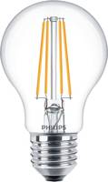 Klare Philips-Glühbirne mit sichtbaren orangefarbenen LED-Filamenten und Schraubgewinde auf weißem Hintergrund.