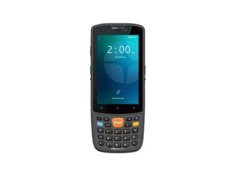 Tragbarer Barcode-Scanner mit integriertem Touchscreen mit Anzeige von 2:00 und einer numerischen Tastatur darunter.
