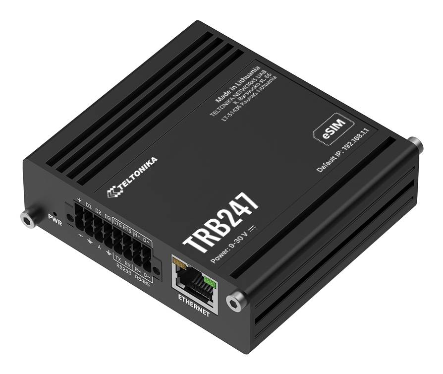 Schwarzer Teltonika TRB247 Mobilfunkrouter/Modem mit Ethernet-Anschluss, eSIM-Etikett und Antennenanschlüssen auf weißem Hintergrund.