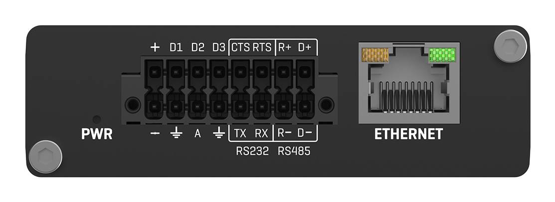 Rückseite eines elektronischen Geräts mit beschrifteten seriellen Kommunikationsklemmen (D1, D2, D3, CTS, RTS, R+, D+; RS232/RS485) und einem Ethernet-Anschluss mit Stromanzeige.