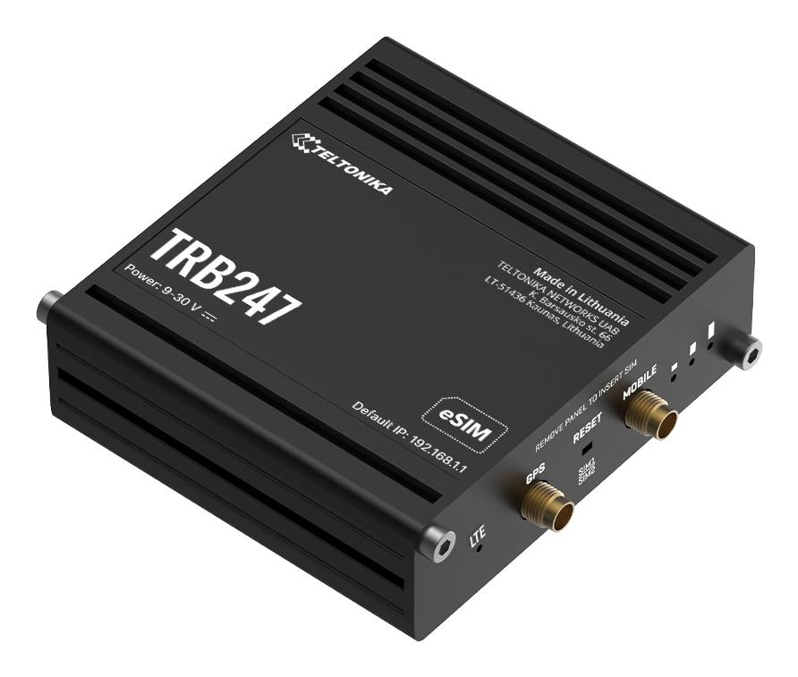 Schwarzes Teltonika TRB247 LTE Industrial-Gateway-Modem mit eSIM, dargestellt in schrägem Produktansicht auf weißem Hintergrund.