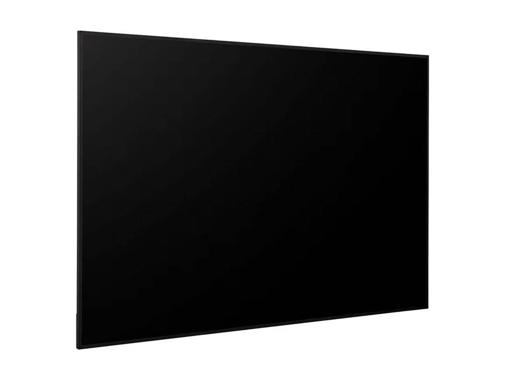 Ein leeres schwarzes Flachbildschirm-Monitor, der in einem Winkel auf weißem Hintergrund gezeigt wird.