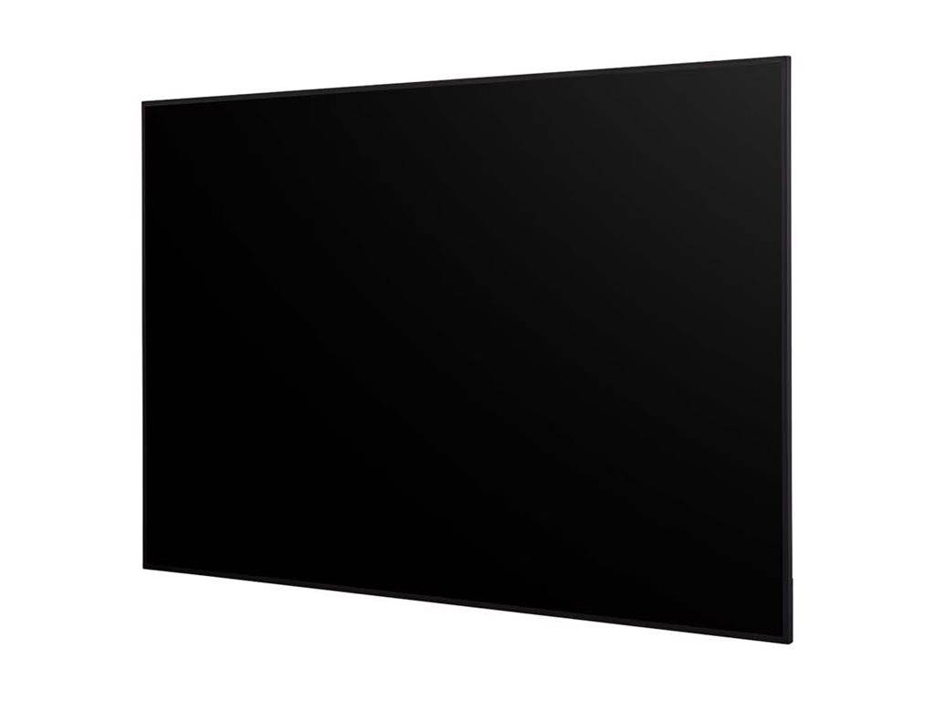 Ein großer schwarzer Flachbildfernseher oder Monitor, schräg auf weißem Hintergrund gezeigt.