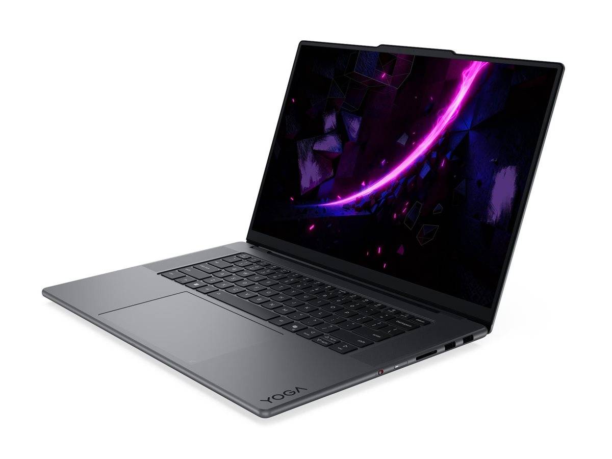 Ein grauer Laptop im angewinkelten Zustand, der einen dunklen Bildschirm mit einem violetten Neon-Bogen zeigt.