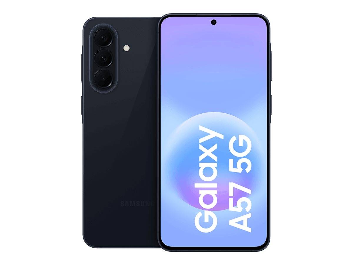 Schwarzes Samsung Galaxy A57 5G-Smartphone von vorne und hinten gezeigt, mit dreifacher Rückkamera und zentriertem Punch-Hole-Display.