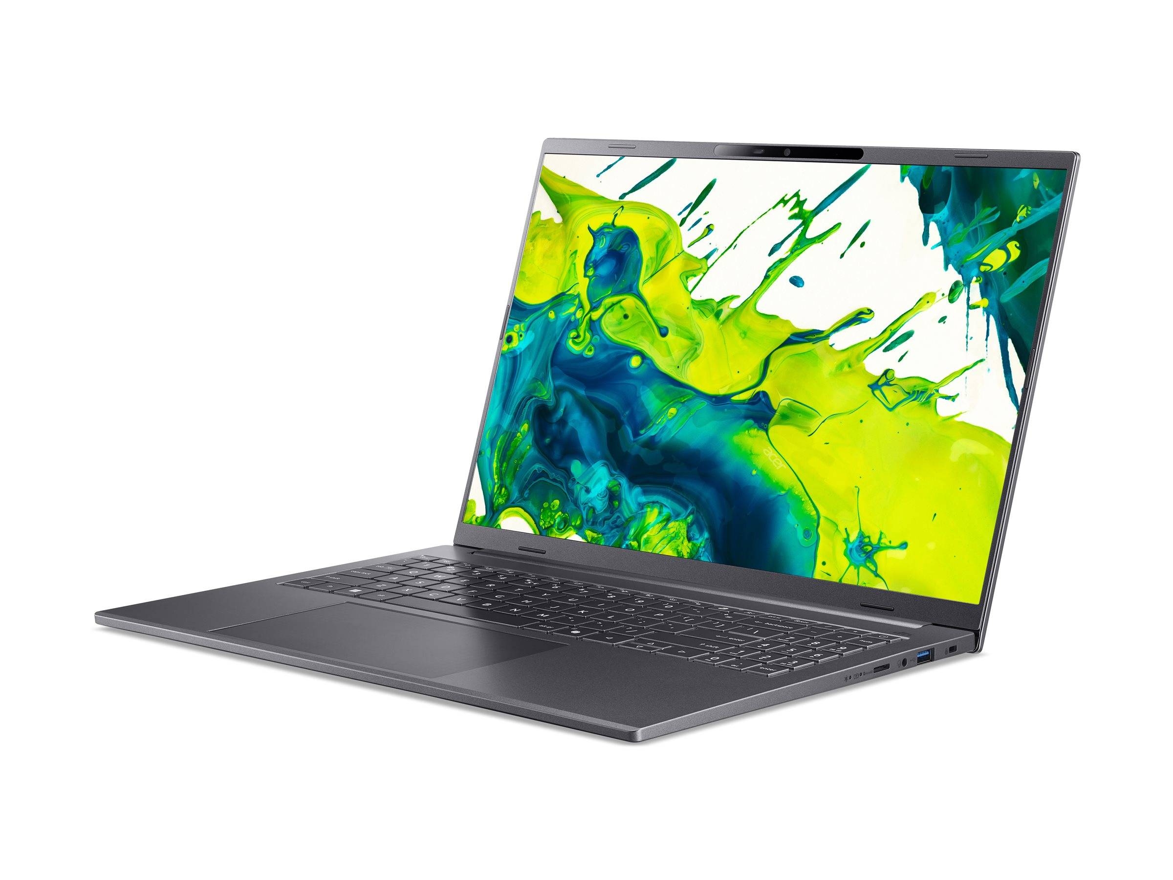 Offener Laptop-Computer mit einer lebendigen abstrakten grünen, gelben und blauen Anzeige auf weißem Hintergrund.