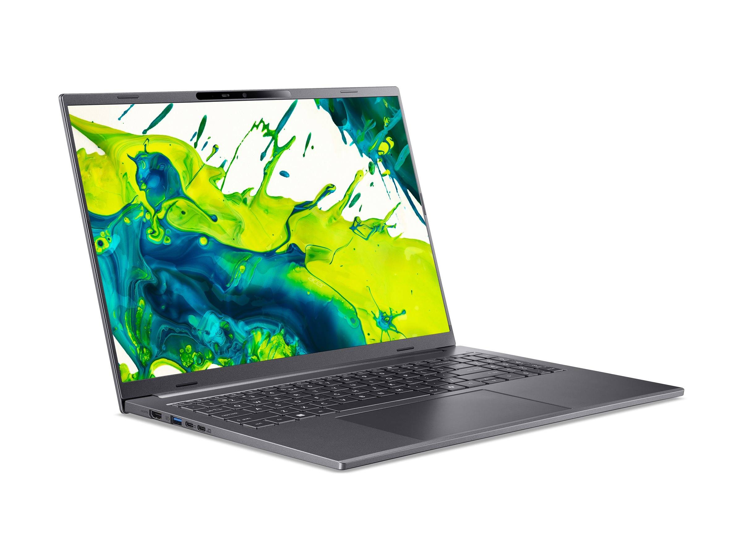 Silberner Laptop auf weißem Hintergrund geöffnet, der auf dem Bildschirm ein lebhaftes abstraktes grünes und blaues Spritzer-Hintergrundbild zeigt.
