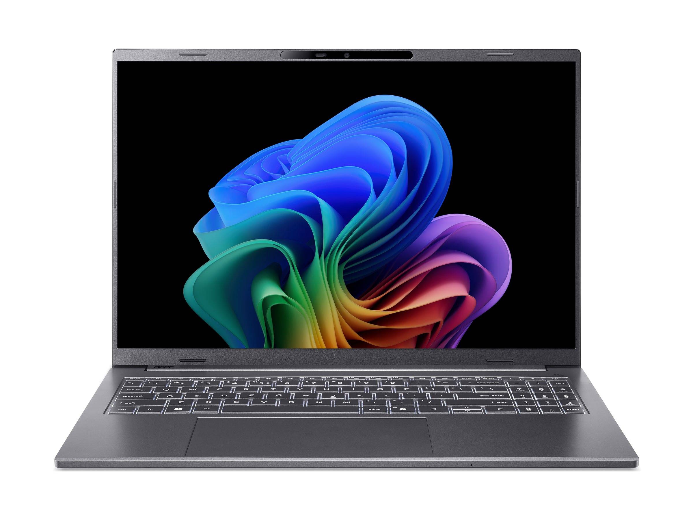 Ein silberner Laptop, geöffnet mit einer farbenfrohen abstrakten Tapete auf dem Bildschirm.