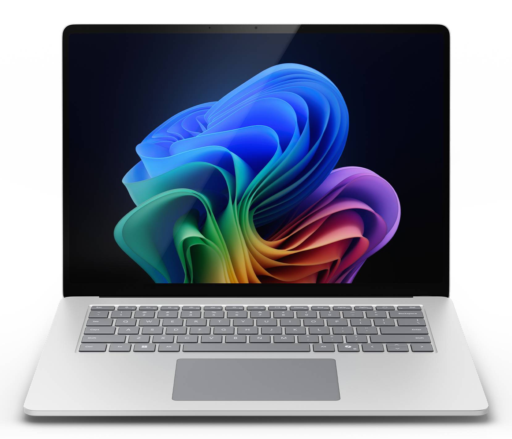 Offener Laptop-Computer mit buntem abstraktem Wirbel-Hintergrundbild auf dem Bildschirm.