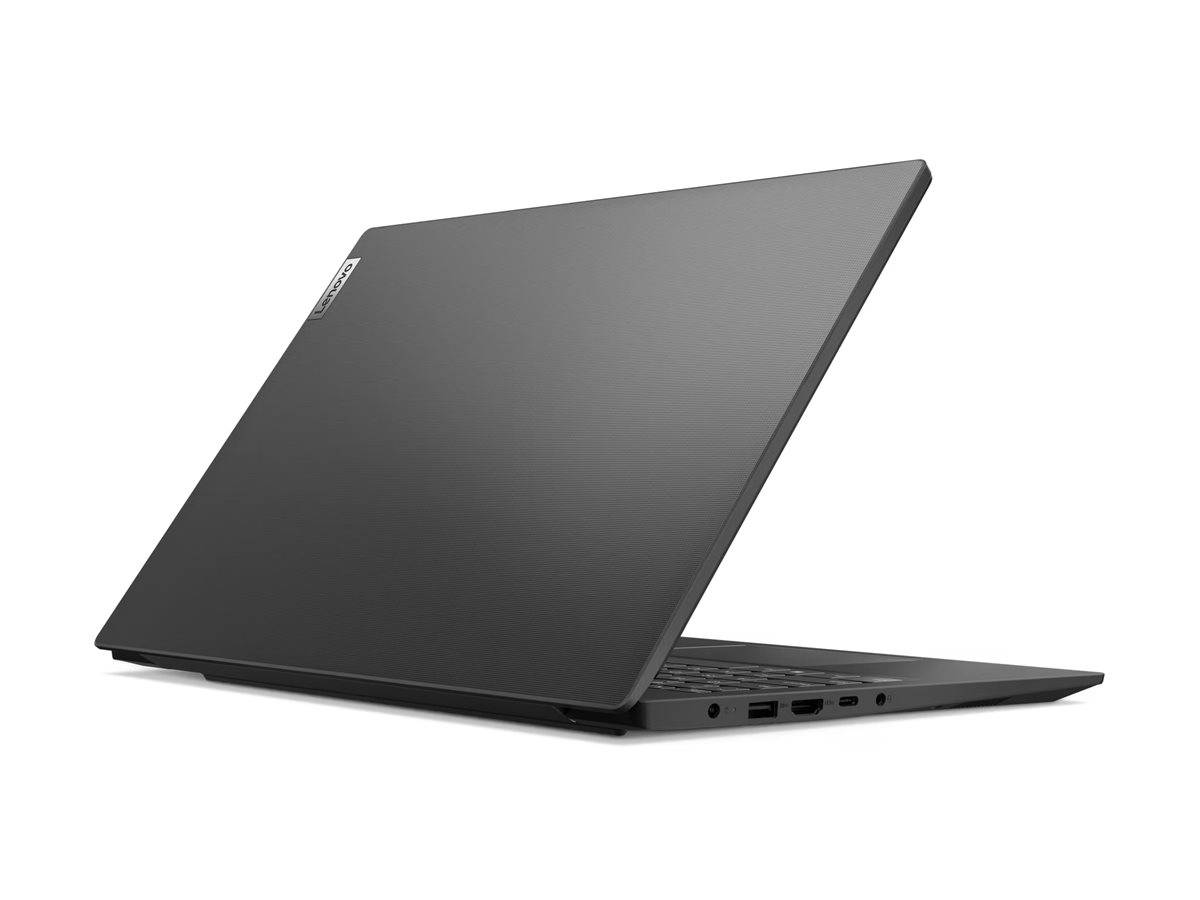 Ein schwarzer Laptop, teilweise geöffnet in einer Seitenansicht, der sein dünnes Design und die Seitenports auf weißem Hintergrund zeigt.